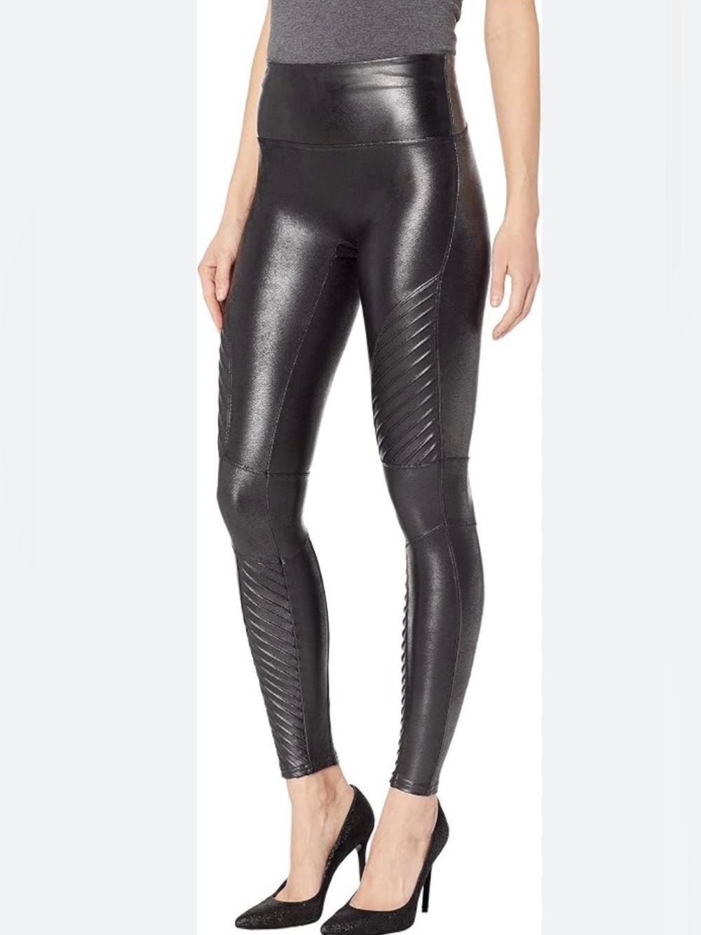 SPANX Faux Leather Moto Leggings Black Size L Ribbed Biker Pants